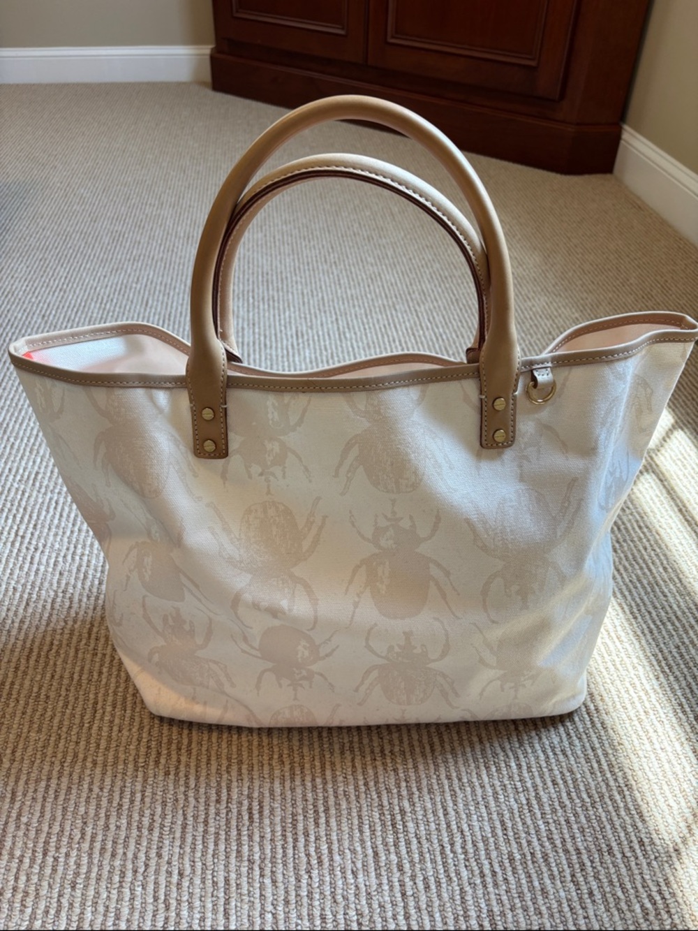 India Hicks Cream Canvas Beetle-Print Tote with Tan Trim